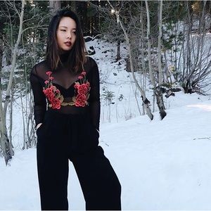 Sheer Mesh Body Suit with Rose Embroidery